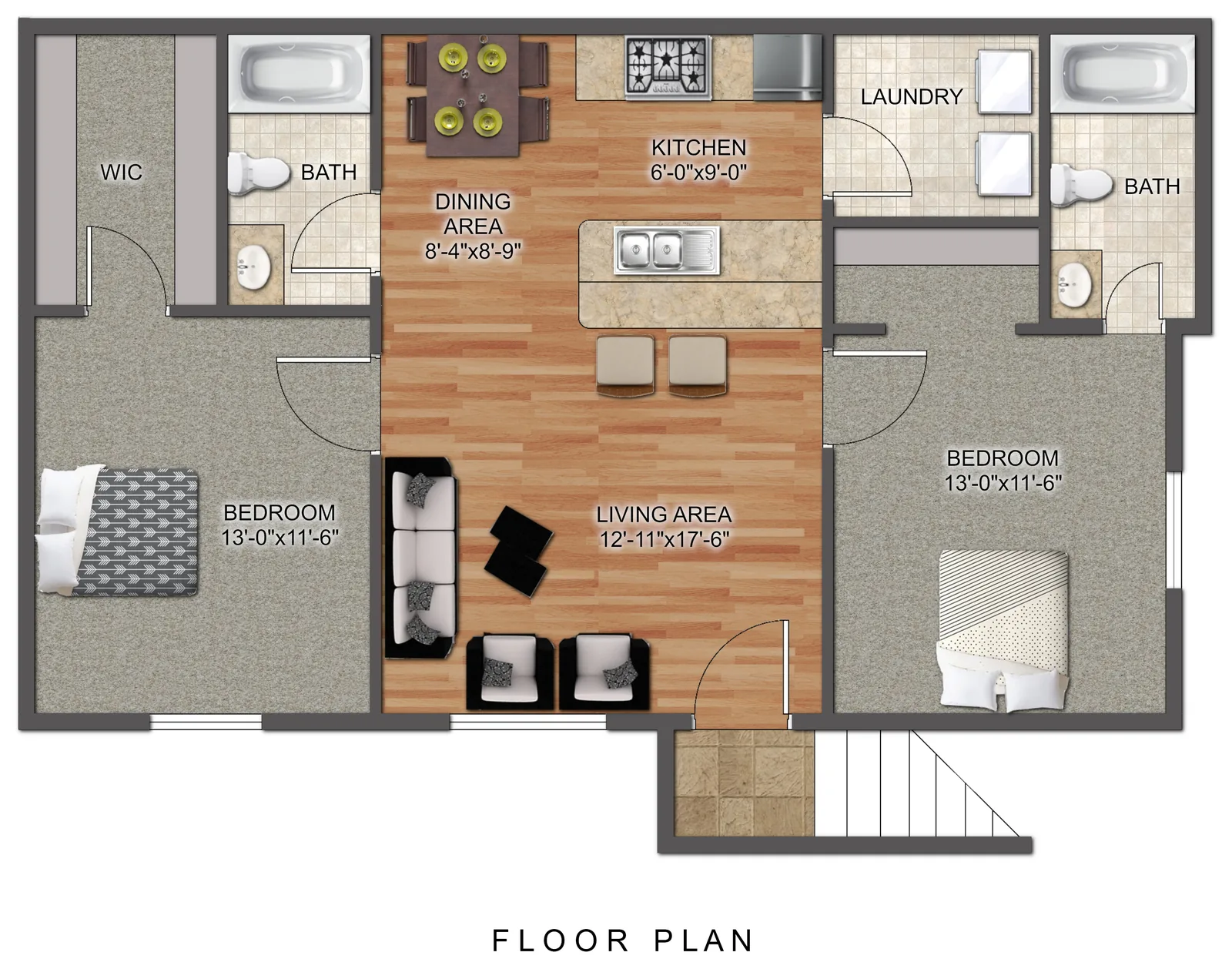 2 Bedroom floor plan, 2 bed / 2 bath, 1050 sq ft