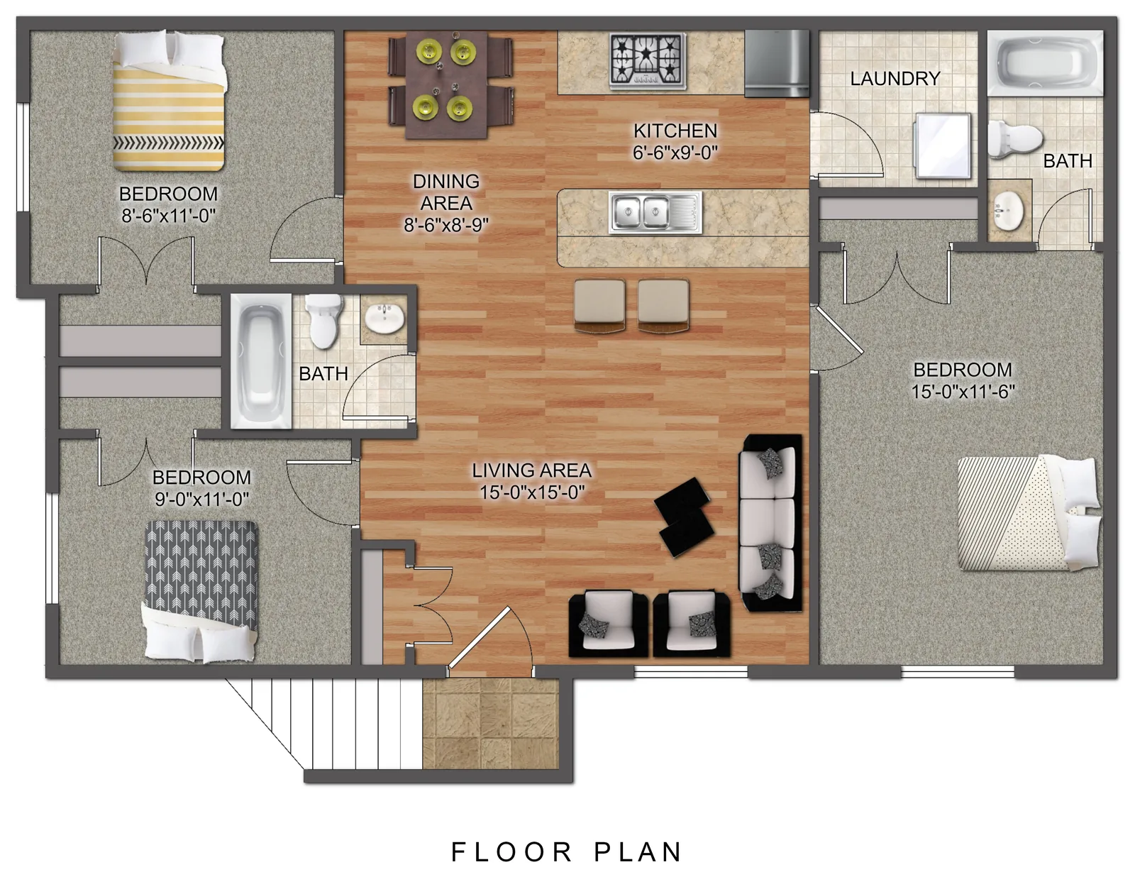 3 Bedroom floor plan, 3 bed / 2 bath, 1126 sq ft